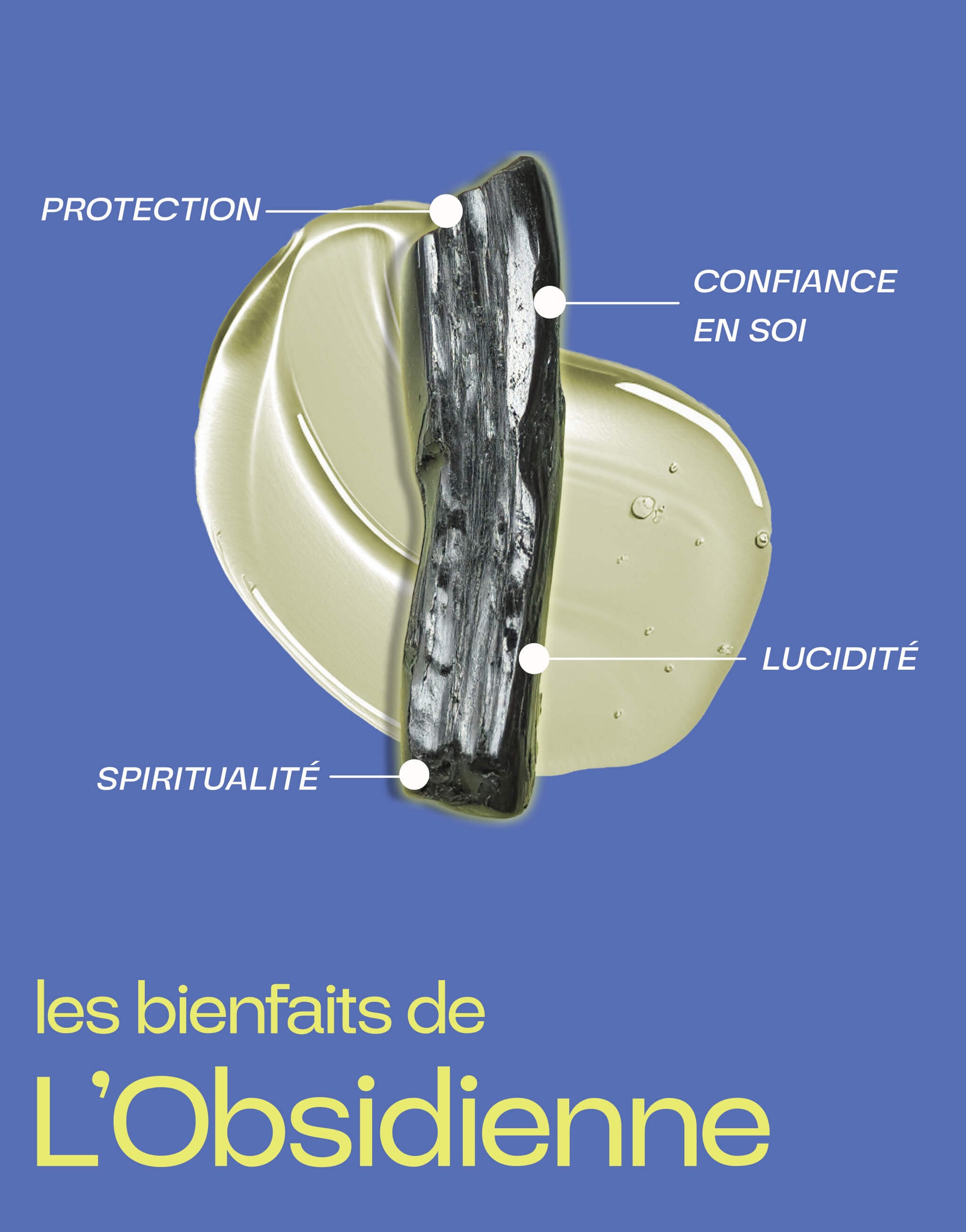 Les bienfaits de l'obsidienne : protection, confiance en soi, lucidité et spiritualité, avec une représentation visuelle élégante sur fond bleu.