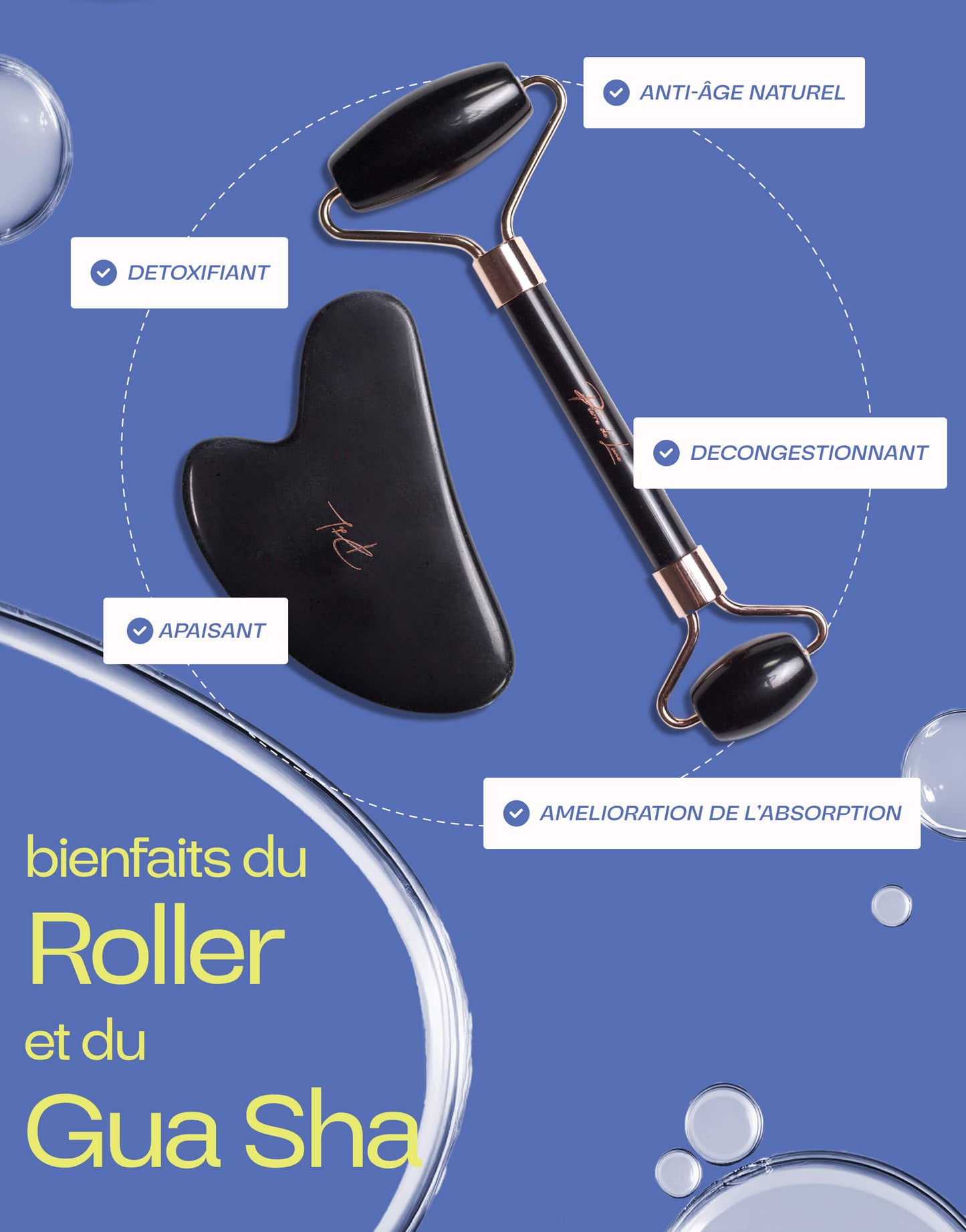 Bienfaits du roller et du gua sha en obsidienne noire : détoxifiant, anti-âge naturel, décongestionnant, apaisant, amélioration de l'absorption.