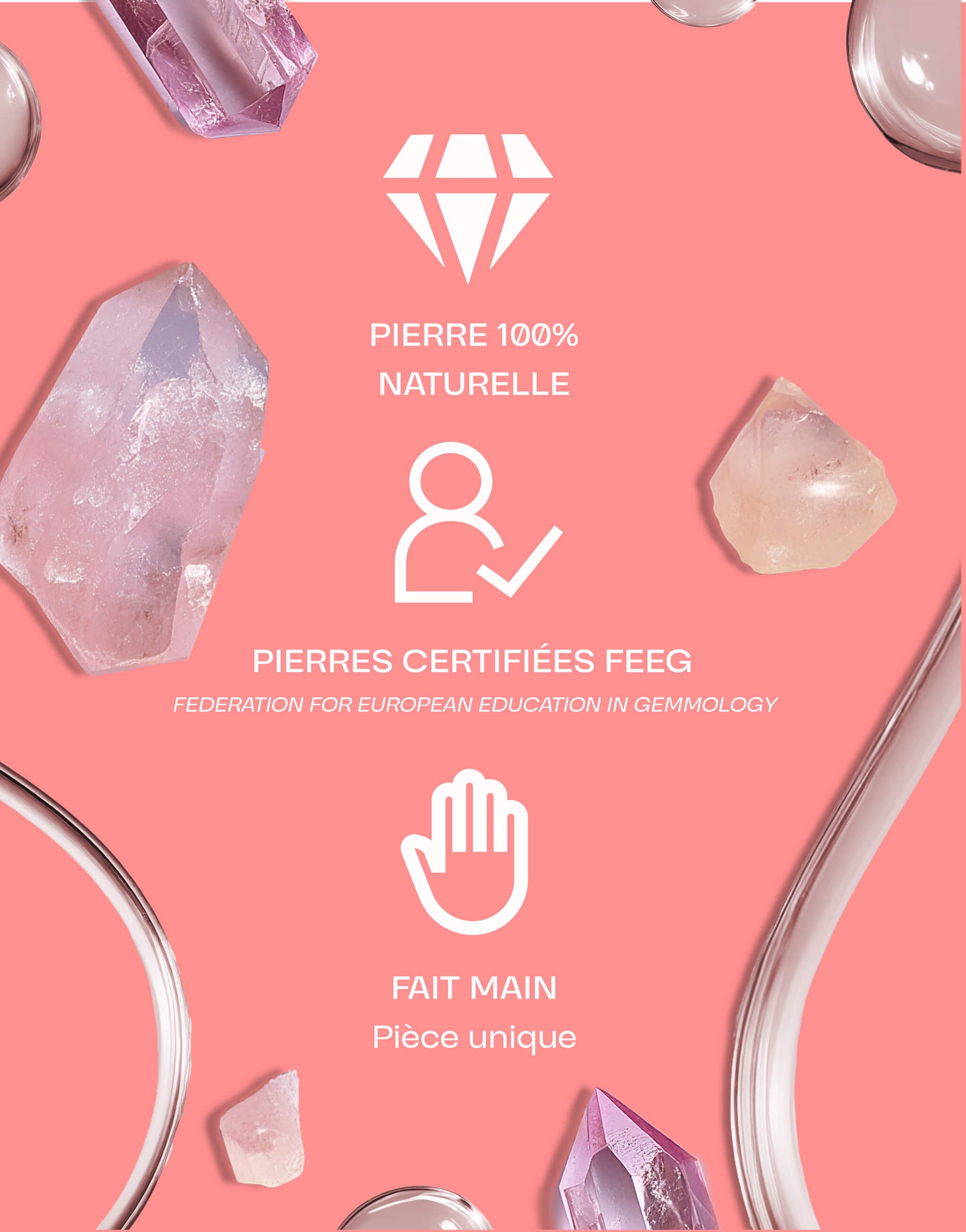 Image présentant des pierres de quartz rose naturelles certifiées par la FEEG, fait main, sur un fond rose avec des éléments graphiques roses